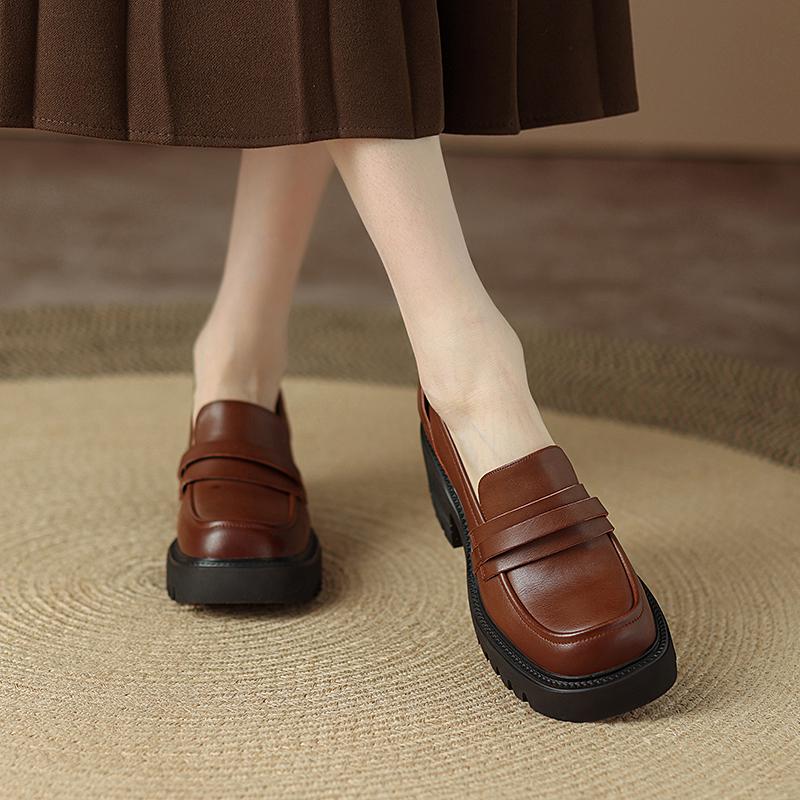 New Fashion  Genuine Leather Women Shoes Casual Slip -On Loafers Comfortable Soft Platform Shoes Square Toe Heels Shoes Woman