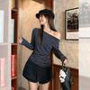 Niche Contrasting Striped Babes Waist Long-sleeved T-shirt Women's Autumn Korean Diagonal Off-the-shoulder Pleated Bottomed Top
