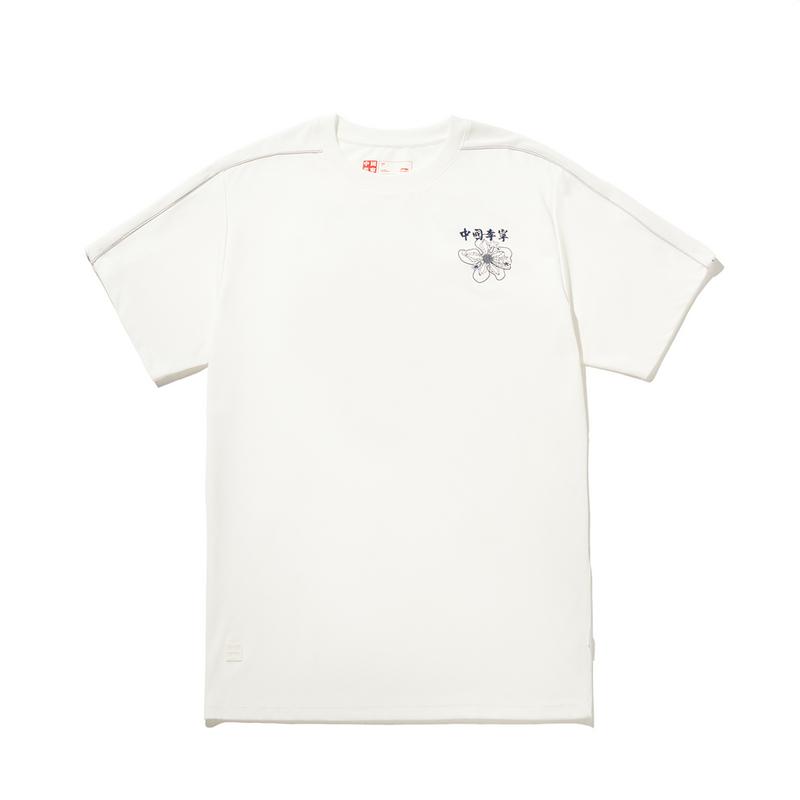Li Ning National Trend Floral Print Short Sleeve T-Shirt Women Tops Off-White AHSW822-1