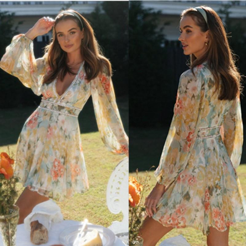 

European American Fashion Printed V-neck Bubble Sleeves Lace Splicing Large Swing Dress S
