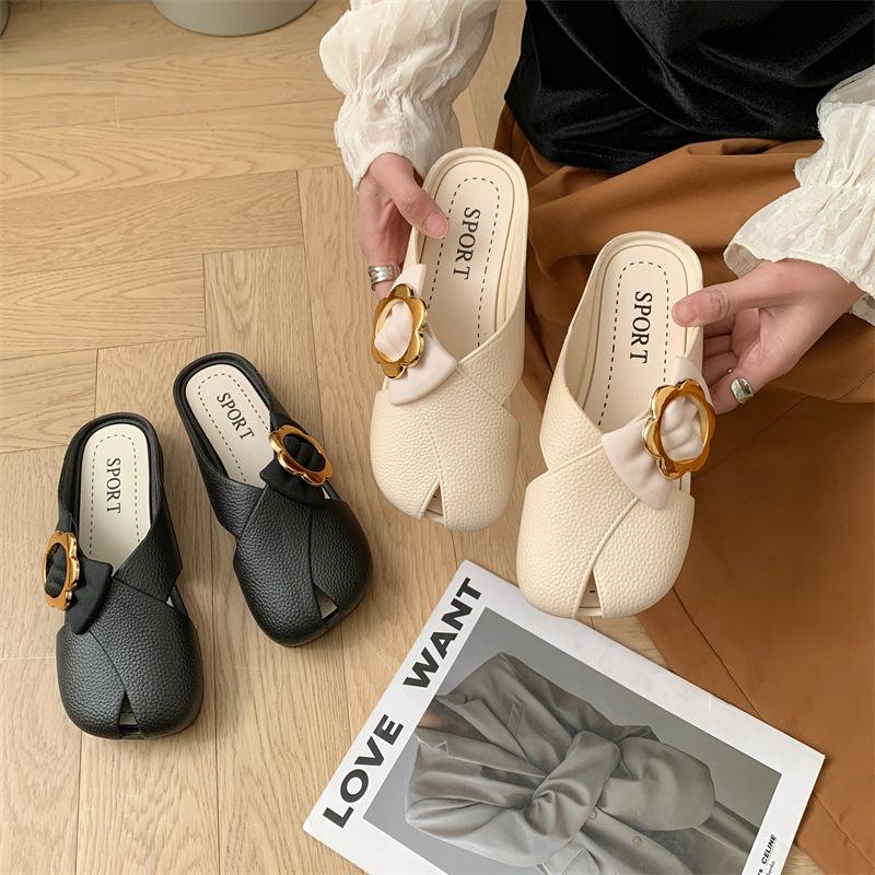 Fashion Women Mules 2025 Summer Elegant Square Closed Toe Flat Slippers Female Shoes Casual Leather Black White Slides Plus Size