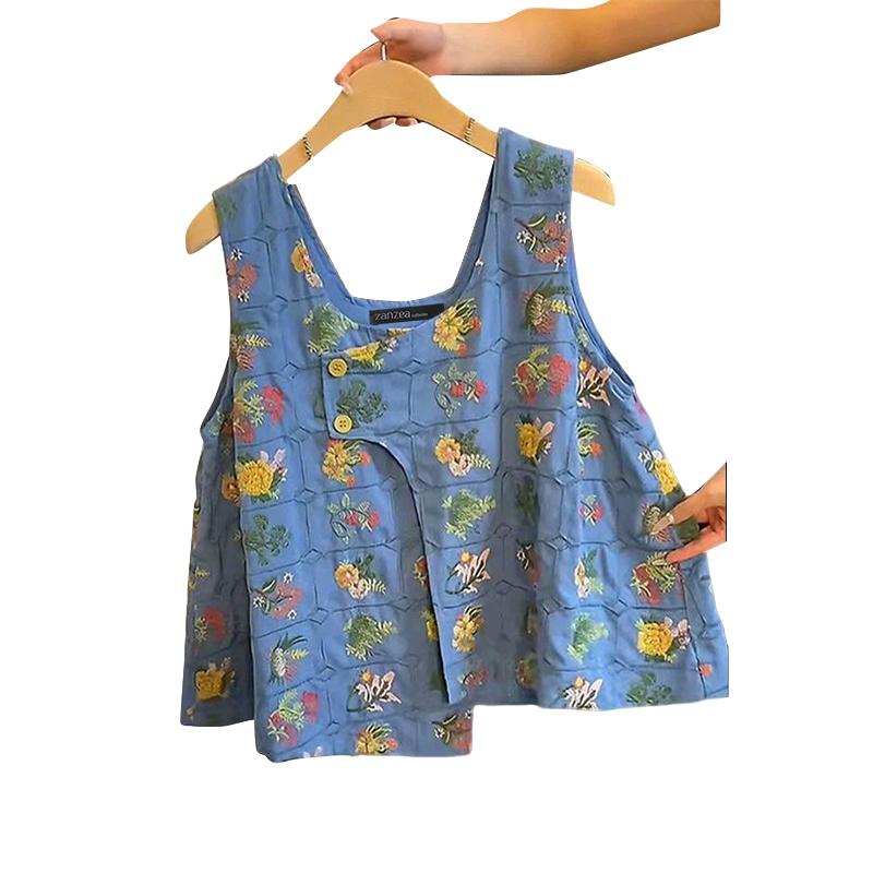 

ZANZEA Женские летние повседневные майки без рукавов с цветочным принтом S синий