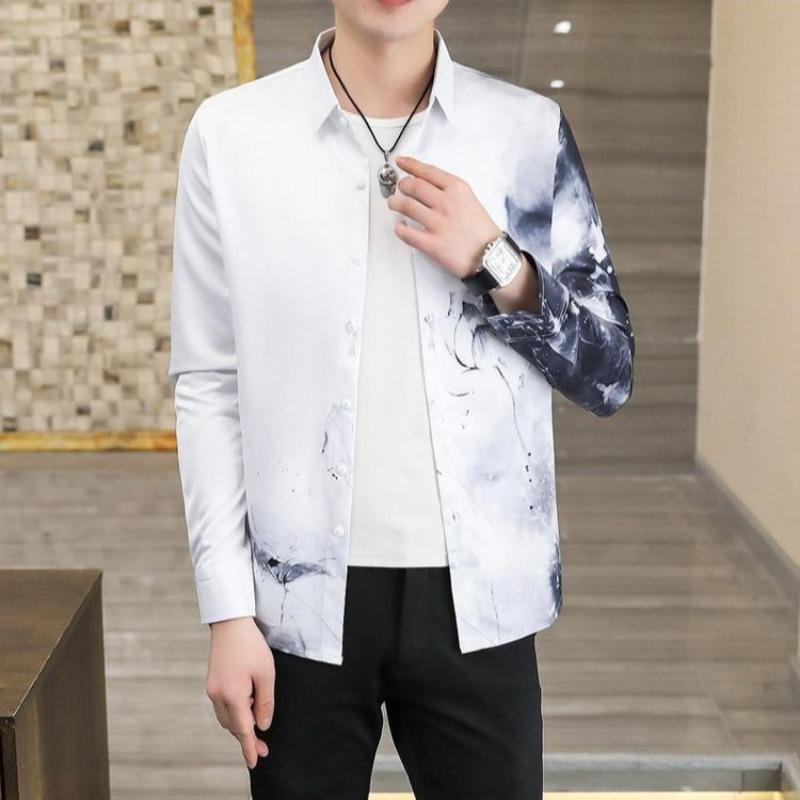 Men s Ink Wash Print Long Sleeve Button Down Shirt Casual Streetwear Top S белый