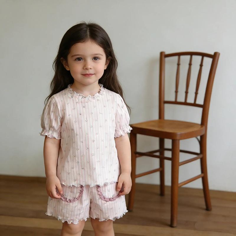 

Summer 2026 New Arrival: Baby Girl Lace Pajama Set - Solid Color, Sweet Home Wear 130 cm