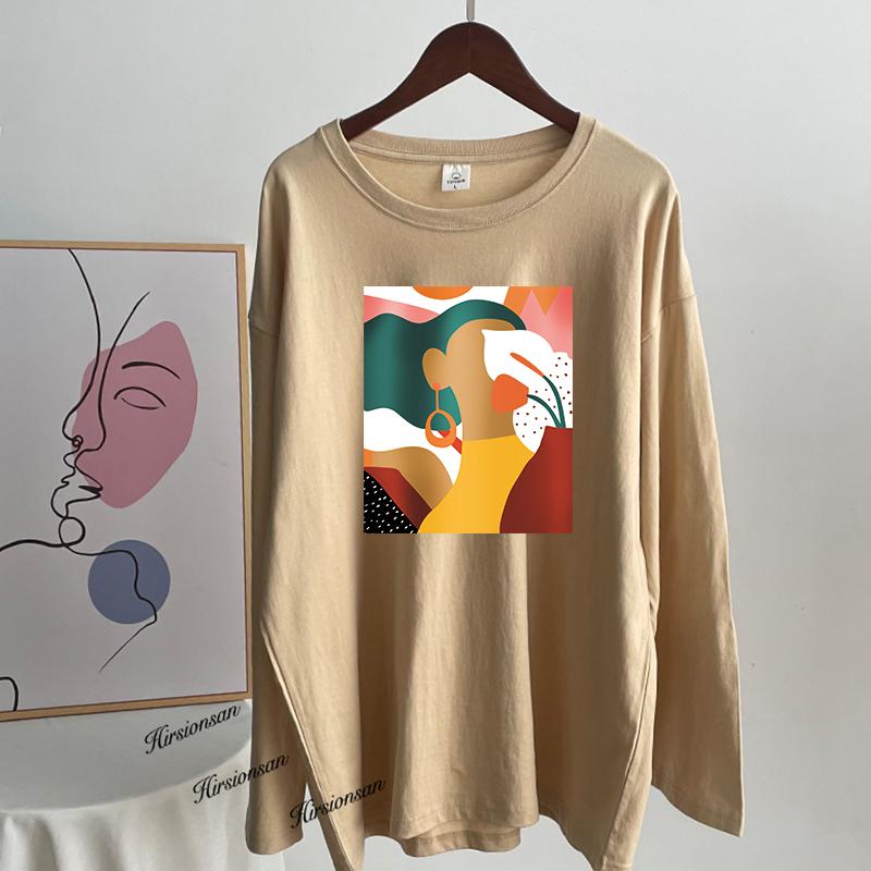 Hirsionsan Vintage Printed Long Sleeve T-shirt Women Loose 100% Cotton O-neck Tees Female Chic Aesthetic Graphic Pullover 2023
