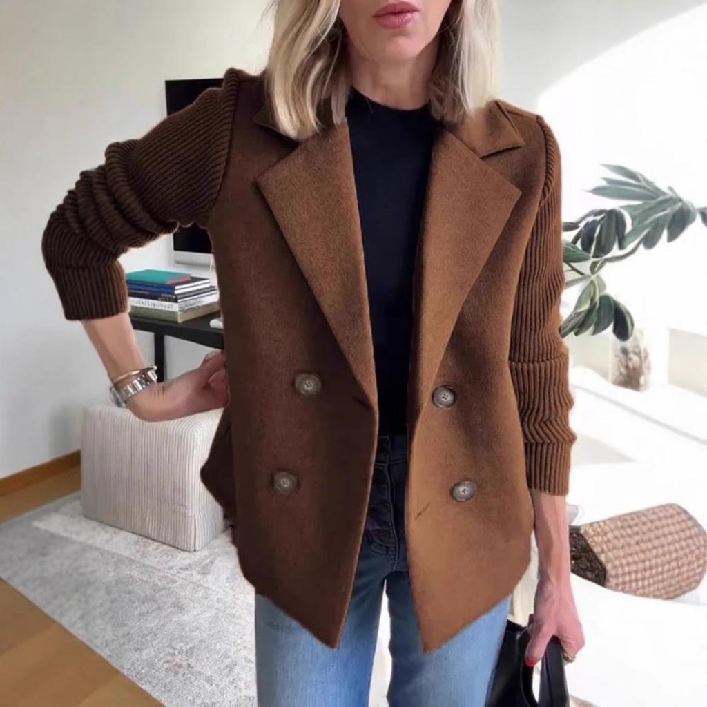 Women's Turn Down Collar Long Sleeve Blazer Regular Fit Casual Knit Sleeve Double Breasted Wool Blend Coat