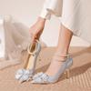 High heels women's 2024 summer new pointed bow rhinestone high-end silver wedding shoes thin heel light mouth single shoes
