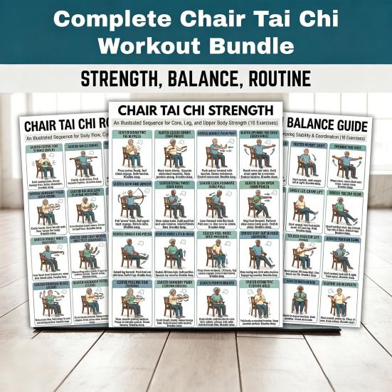 3er Set Tai Chi Übungsplakate für Stuhlübungen Sitzendes Trainingsdiagramm für Senioren Niedrigintensive Balance-Krafttrainingsanleitung