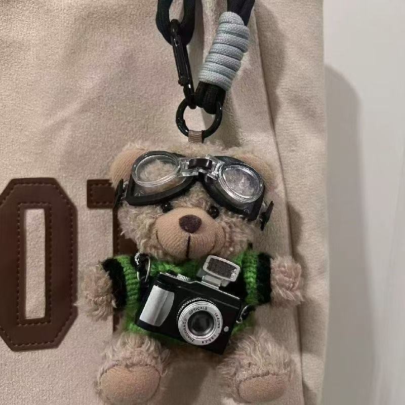 Cute Plush Brown Bear Keychain With Camera & Glasses Backpack Doll Pendants Couple Keyrings Handbag Charms Bag Accessories Set