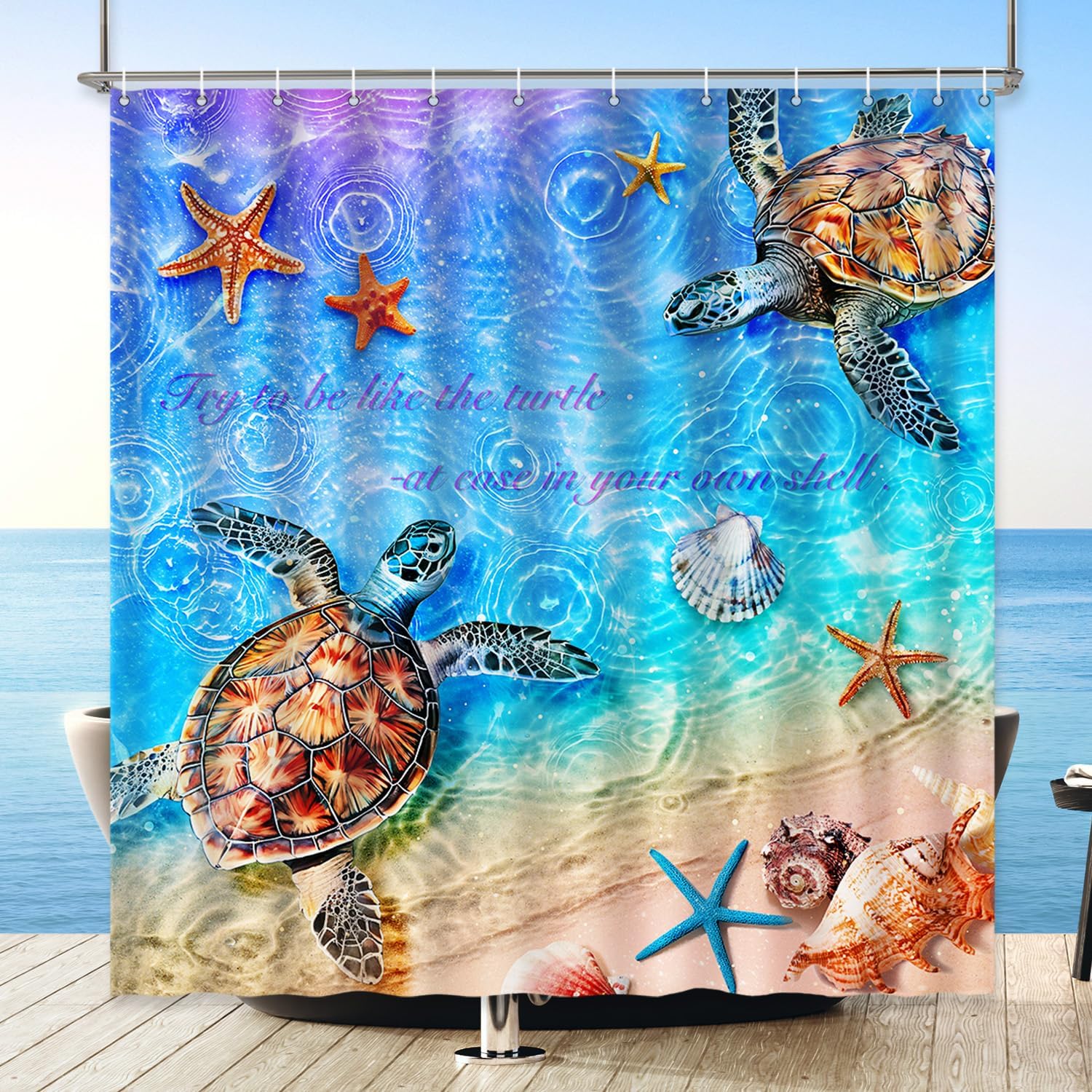 Sea Turtle Shower Curtain Ocean Life Starfish Shell Art Beach Theme Inspirational Quote Bath Decor Waterproof Fabric 90x180cm35x71in