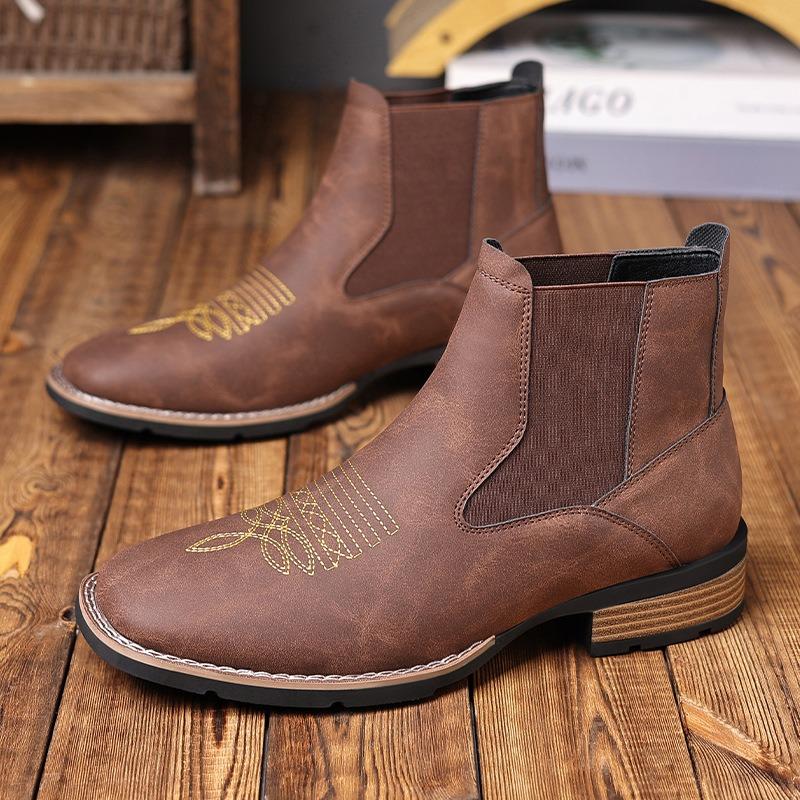 Men's Chelsea Boots High Quality Casual Leather Boots Retro Ankle Boots for Men Embroidery Western Cowboy Boot Botas Masculinas