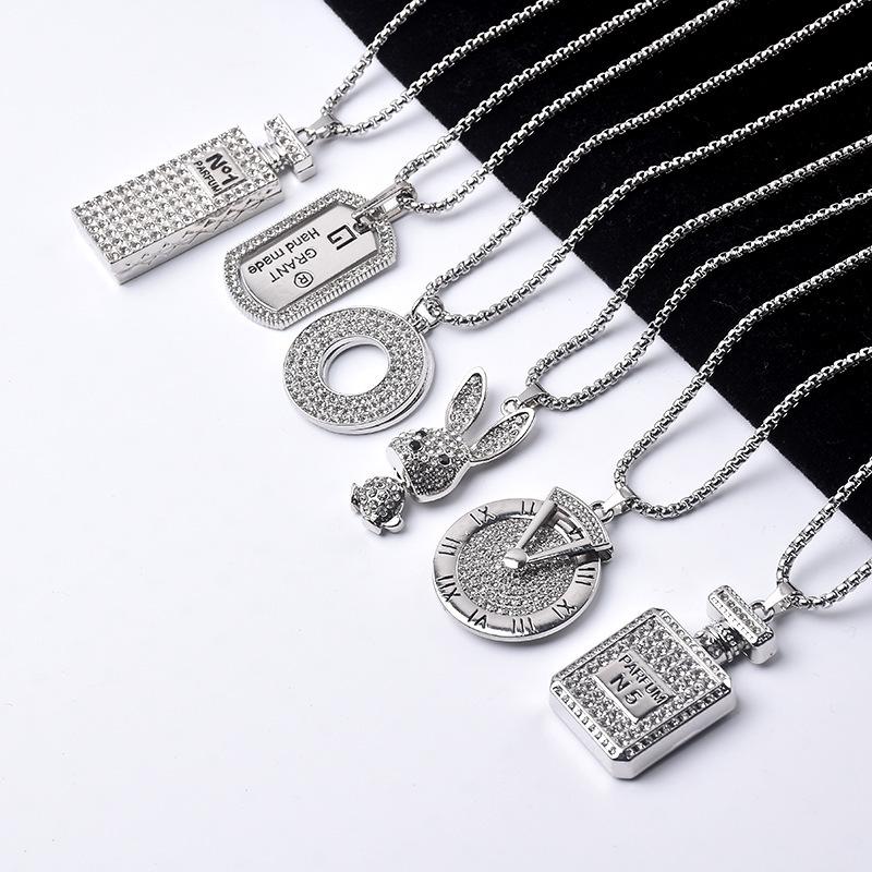 Trendy Cross-Border Rhinestone Pendant Necklace: Unisex Hip-Hop Style Stainless Steel Chain.