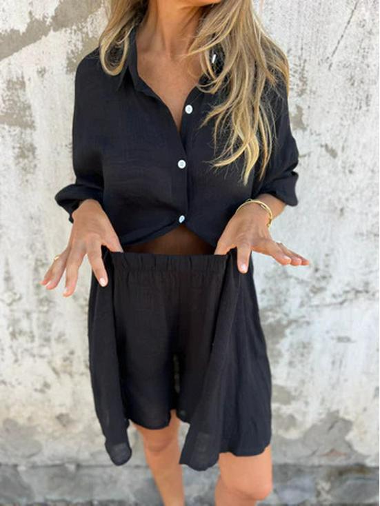 European & American Women's Cotton Linen Two-Piece Set: Solid Color Long Sleeve Crinkle Shirt and Casual Shorts (2025)
