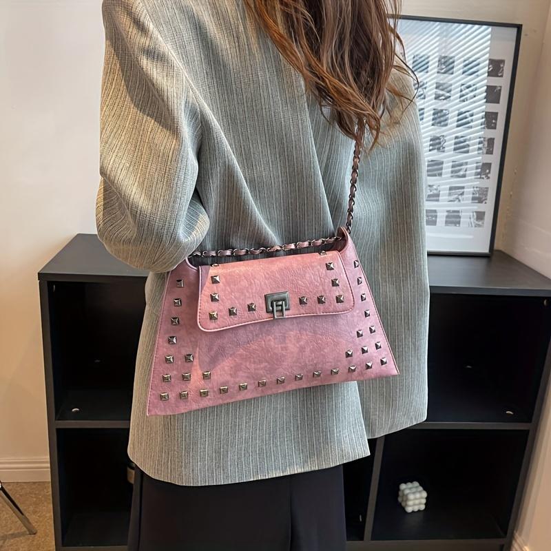Golden Leather Texture Single Shoulder Casual Women's Hand-held Bag - Vintage Rivets Armpit Slung