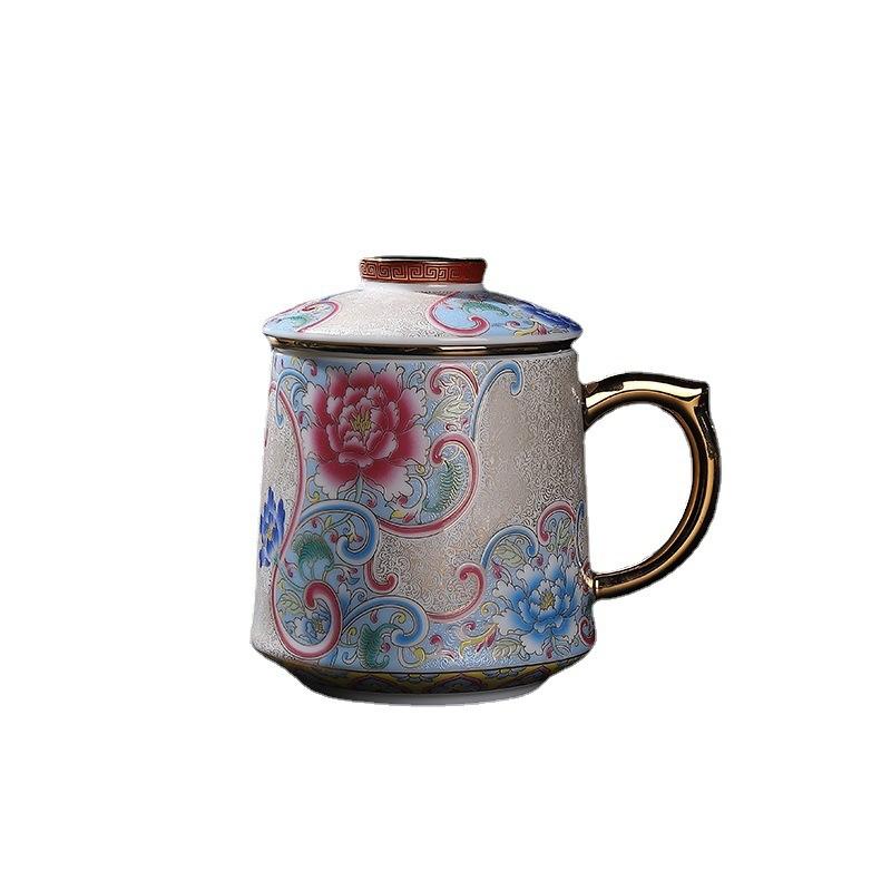

High-grade Filigree Silver Bai Chuan Cup Enamel Colored Retro Ceramic Tea Separation Filter Office Cup with Cover 470ml