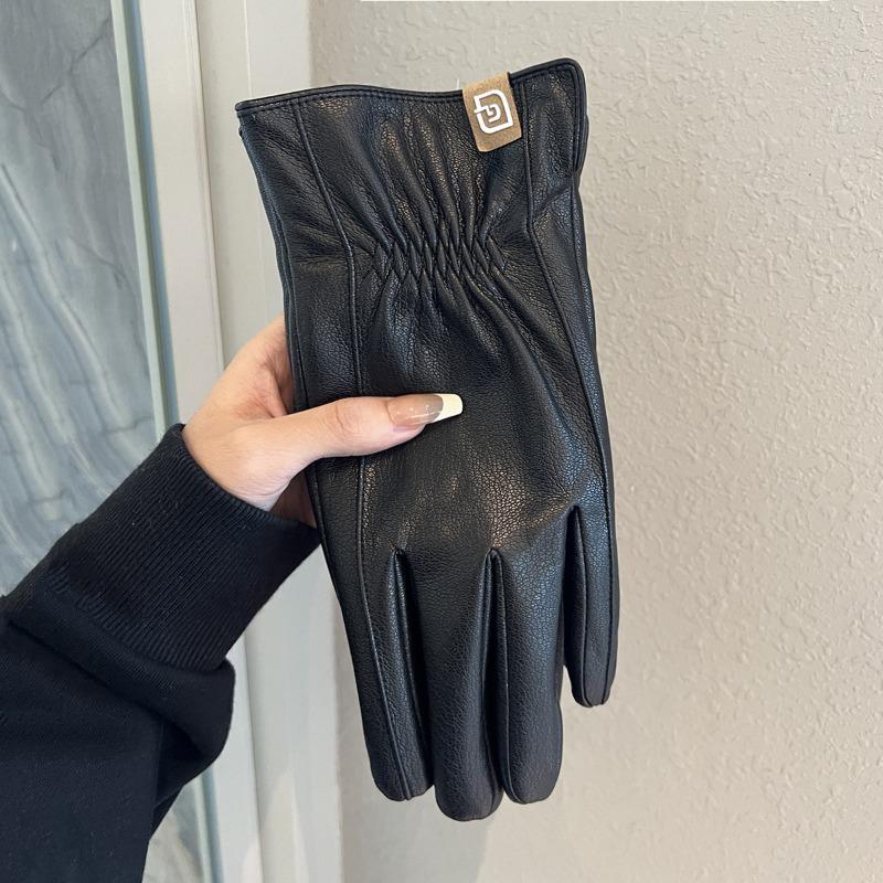 

Мужские кожаные перчатки, зимние для езды на электромобилях, теплые, ветрозащитные и морозостойкие, водоотталкивающие, с начесом и уплотнением, пятипалые, модные one size fits all чёрный