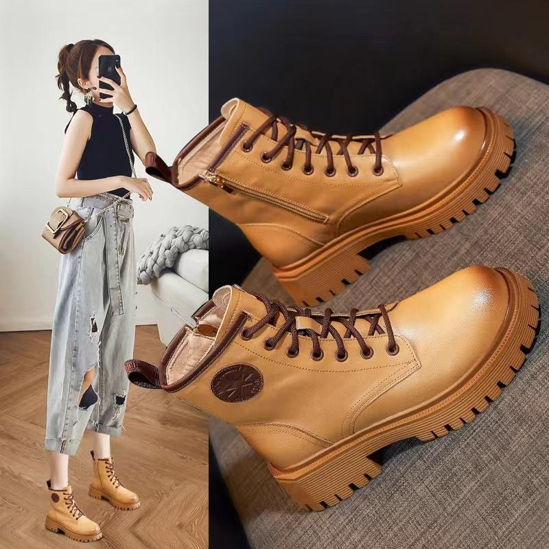 

Кожаные женские осенне-зимние новые универсальные женские кожаные ботинки на платформе с боковой молнией в стиле ретро в британском стиле, увеличивающие рост