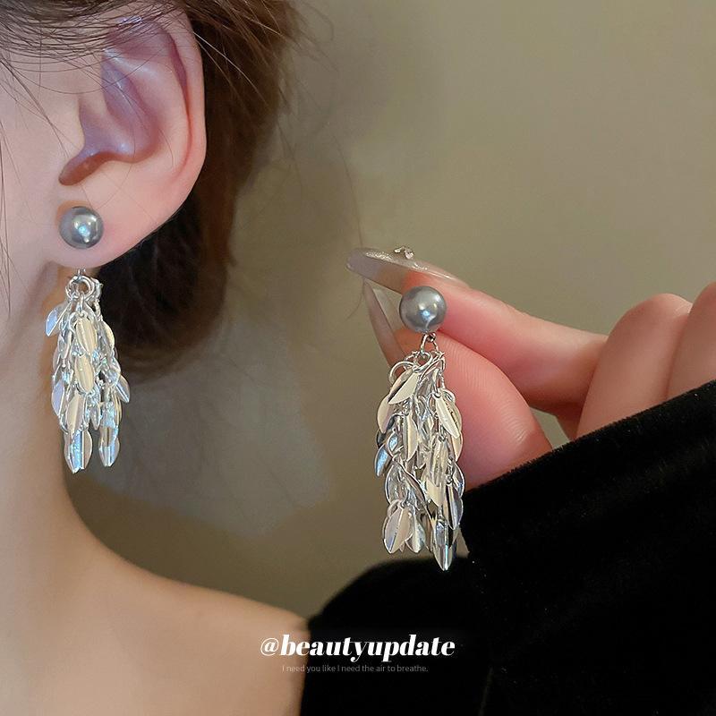 Pearl Leaf Tassel Earrings Cold Wind Personality Design Earrings Niche Versatile Temperament Earrings