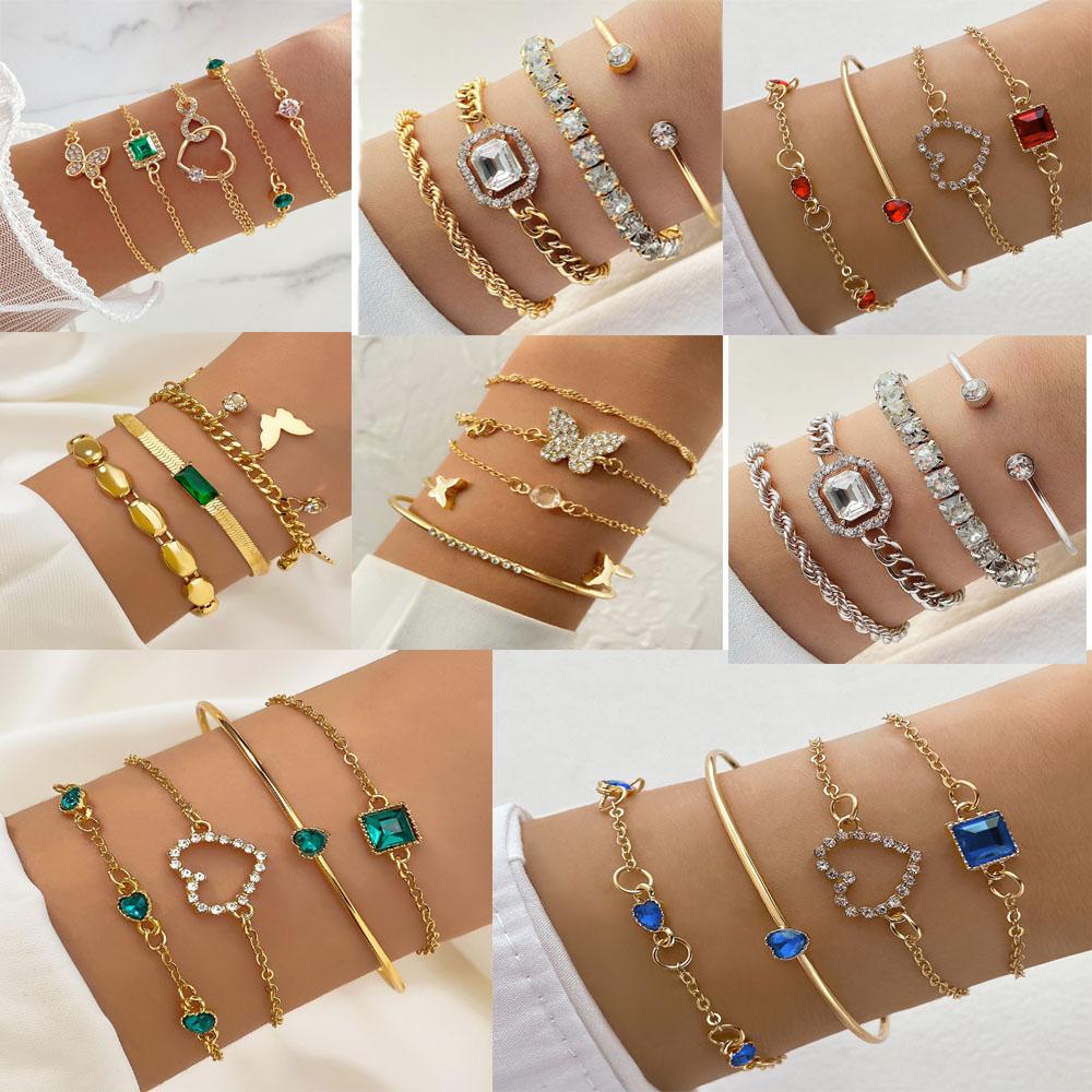 Hot Selling Vintage Crystal Fashion Bracelet Bangles Set Adjustable Luxury Romantic Butterfly Heart Bracelet for Couple Gifts
