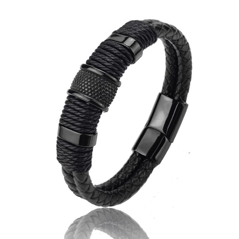 Fashion 2layer Leather Bracelets with Stainless Steel Magnet Trendy Multilayer Bracelet Homme Jewelry Male Bangle Wholesale Bulk