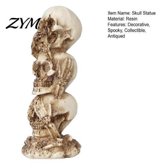 Stacked Skull Heads Statue Statue, Gothic Resin Figurine, See Speak Skulls Decor Hear No Evil Sculpture for Halloween Table Decoration Aged Texture