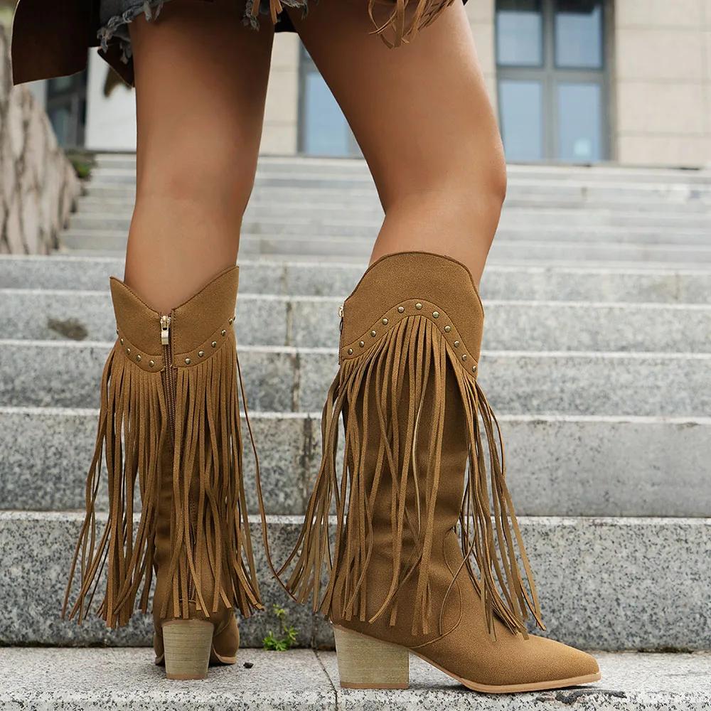 Women's Fringed Cowgirl Boots Concert Western Boot 2025 Spring Summer Vintage Cowboy Boots for Women Pointed Toe Mid-calf Boots