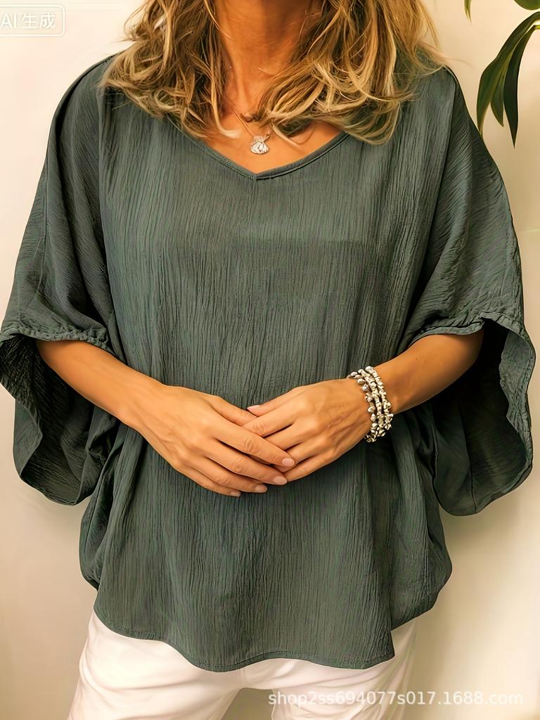 Versatile Batwing Sleeve V-Neck Cotton Linen Top