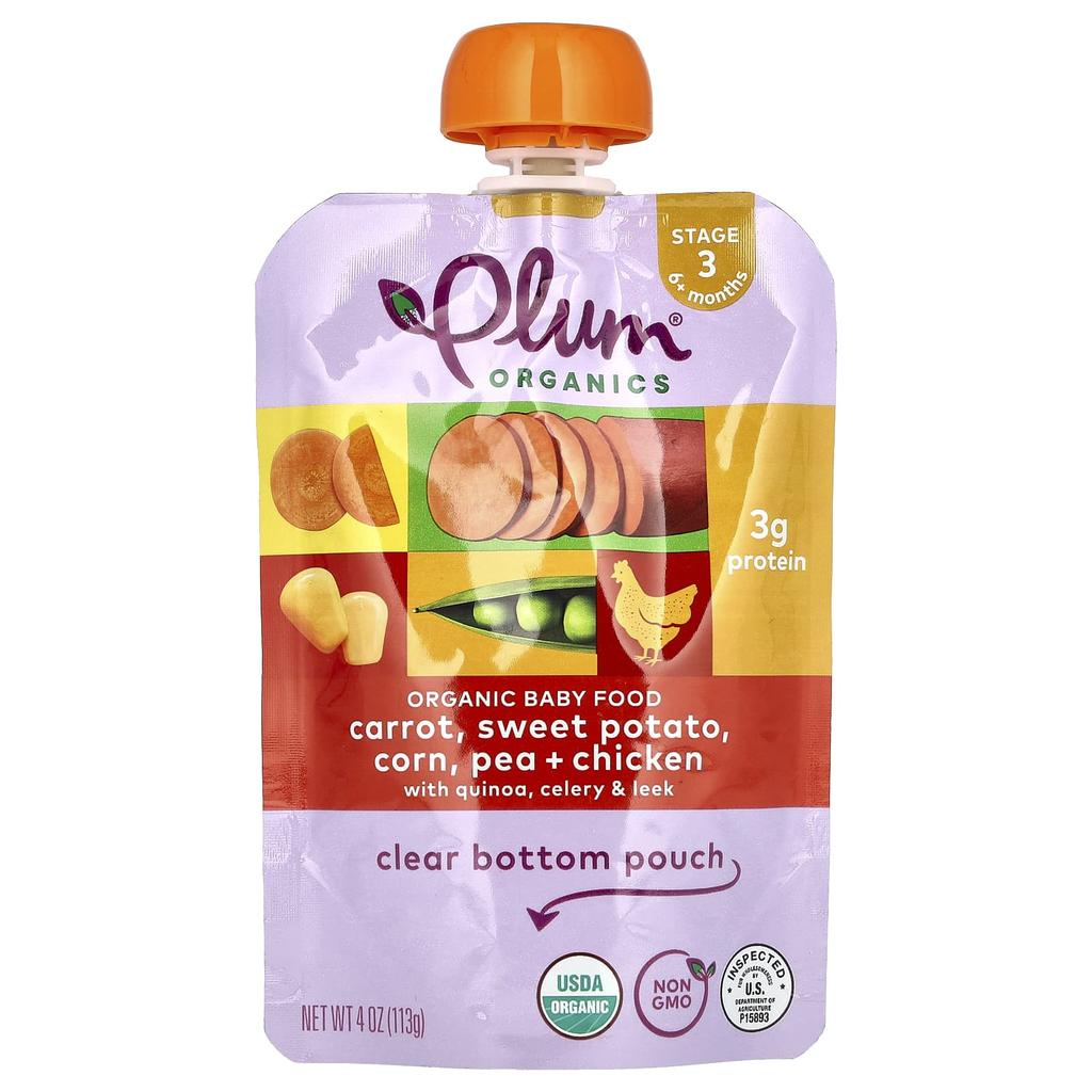 Plum Organics Organic Baby Food, Stage 3, Carrots, Sweet Potatoes, Corn, Peas & Chicken with Quinoa, Celery & Chives, 4 Oz (113 G)