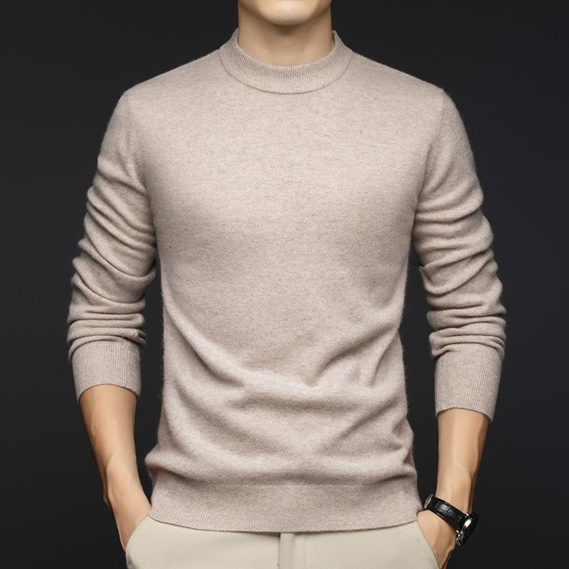 Winter 2025 Men's Cashmere Round Neck Sweater - Fashionable, Warm, Solid Color Base Layer