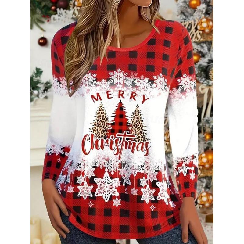Christmas Women's T Shirt Graphic Christmas Tree Snowflake Vintage Fashion Stylish Long Sleeve Crew Neck Regular Tops Daily Weekend Print
