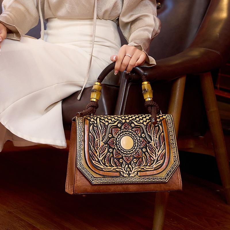 Vintage Pu Leather Women'S Bag Handbag Embossed Hand-Polished Shoulder Messenger Bag Simple Small Square Bag