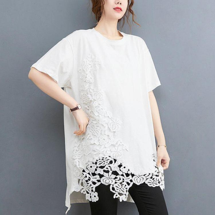 Oversize Black Tunic Shirt Summer Cotton Lace Tops Plus Size Women Tee Casual Loose Tshirt Fashion Lady Clothing