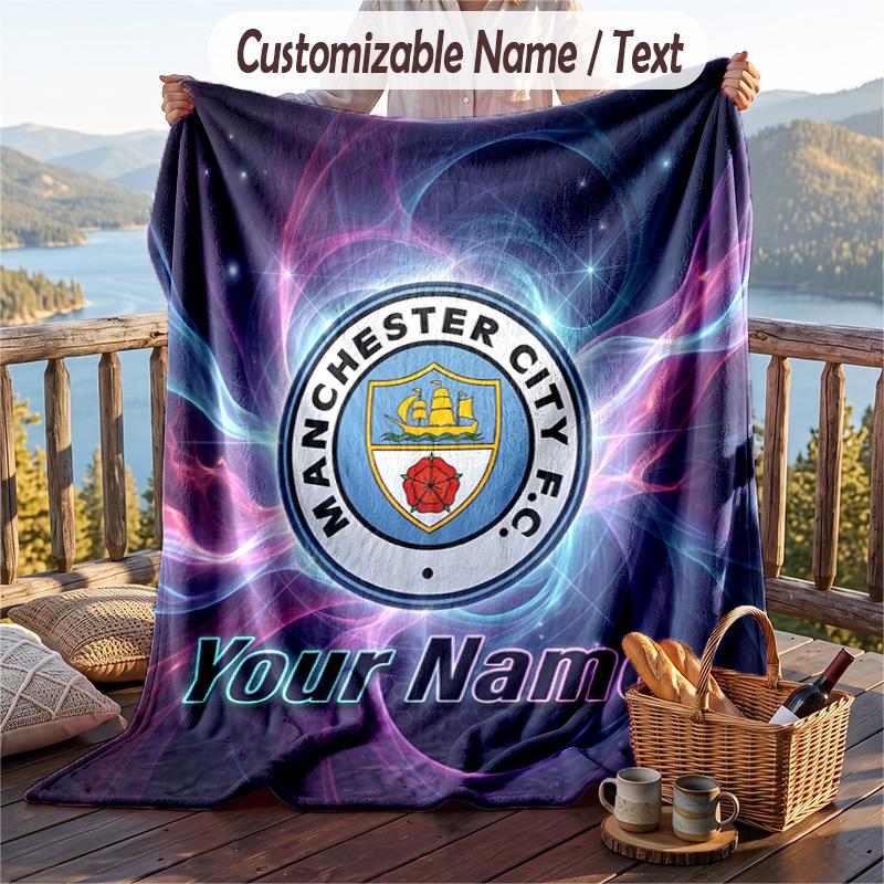 Flannel Blanket Manchester City Print Custom Name Text Soft Throw for Sofa Bed