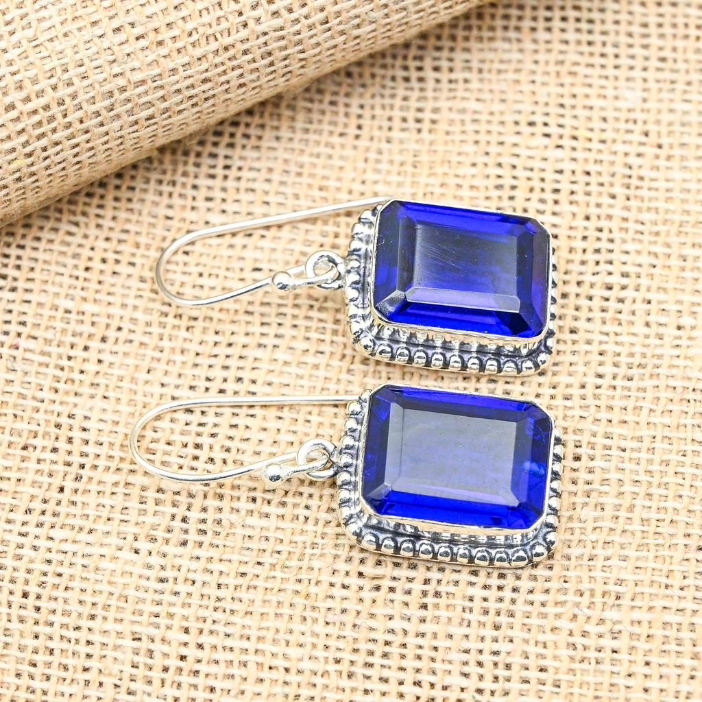 Blå Safir Ädelsten Lab-Skapad Handgjord 925 Sterling Silver Smycken Örhängen För Hennes