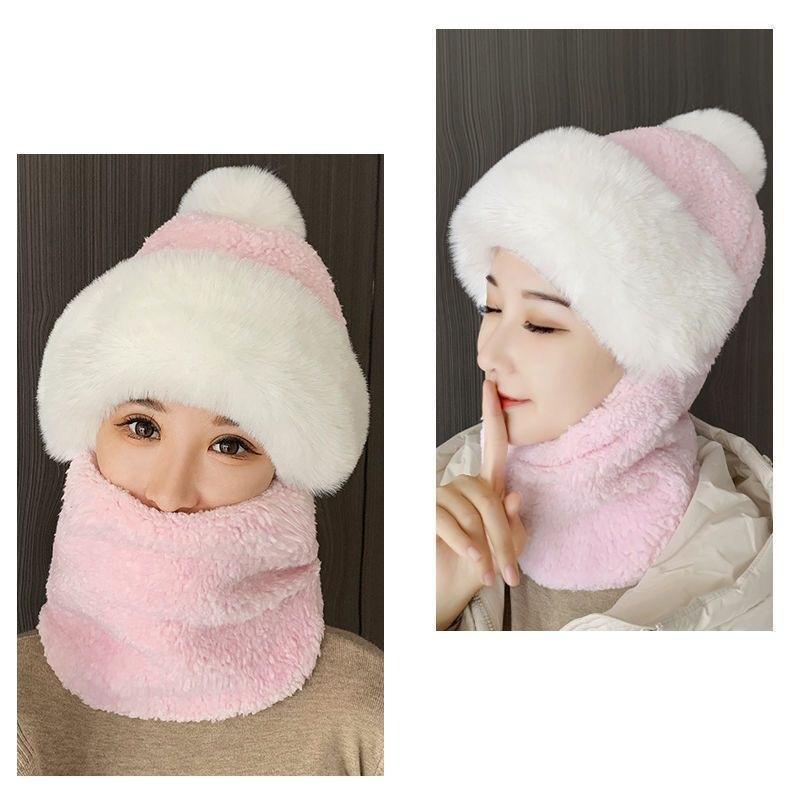 1Pcs Winter Knitted Hat Scarf Mask One-Piece Plush Pompom Beanies For Women Outdoor Cycling Cap Ears Neck Protection Skiing Cap