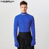 Men High Neck Gloves Long Sleeve Glitter Mesh Sheer Tops Party Club T-shirts