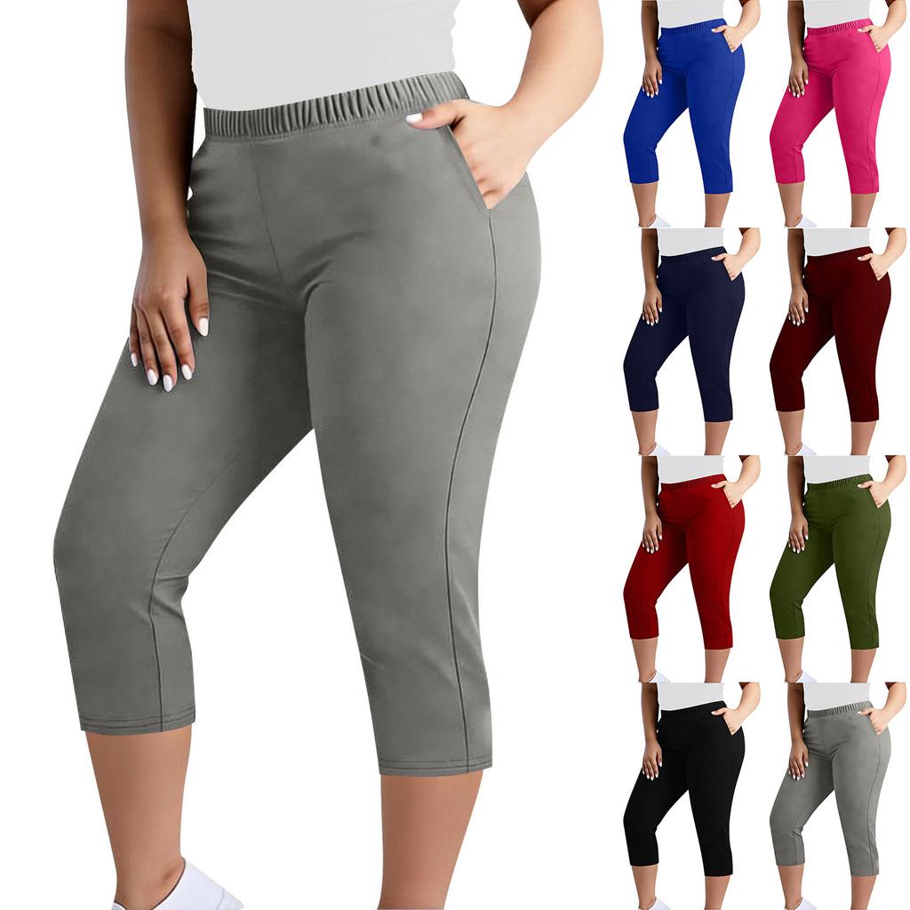 Pantaloni Capri elasticizzati taglie forti da donna con elastico in vita e tasche, pantaloni cropped comodi per l'uso quotidiano