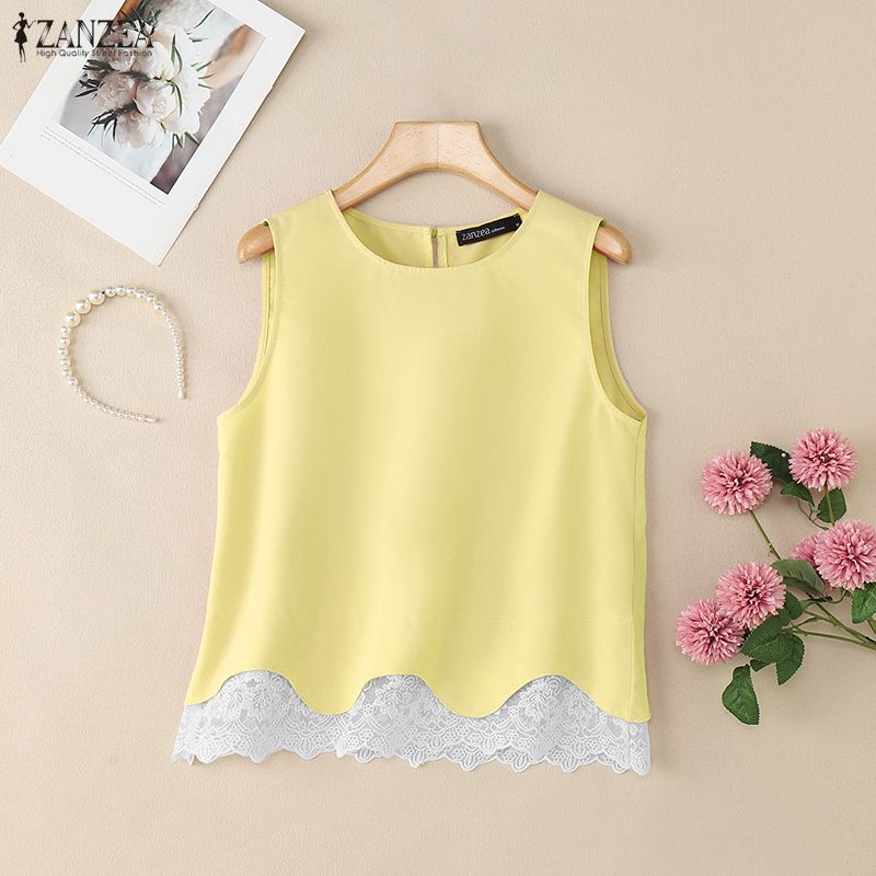 ZANZEA Women Lace Splice Summer Casual Round Neck Sleeveless Tank Tops