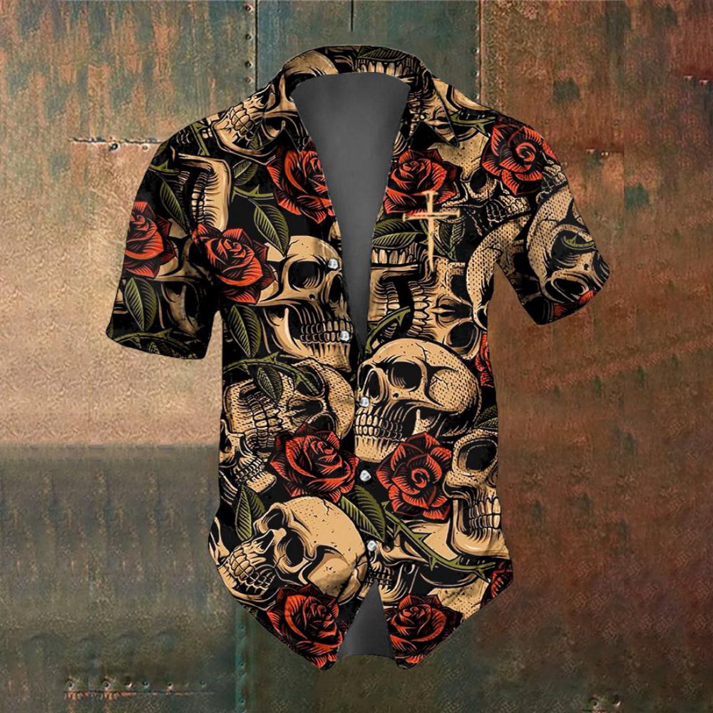 Fresh Flower Skull Pattern Men s Short Sleeved Shirt Summer Men s Fashion Street Trend Horror Skull Party Men Oversized T-Shirt S