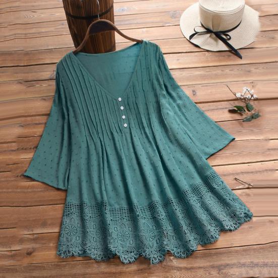 Damen Halbsleeve Nähte Ausgeschnitten Blumen Spitze Saum Knöpfe Dekoration Bluse