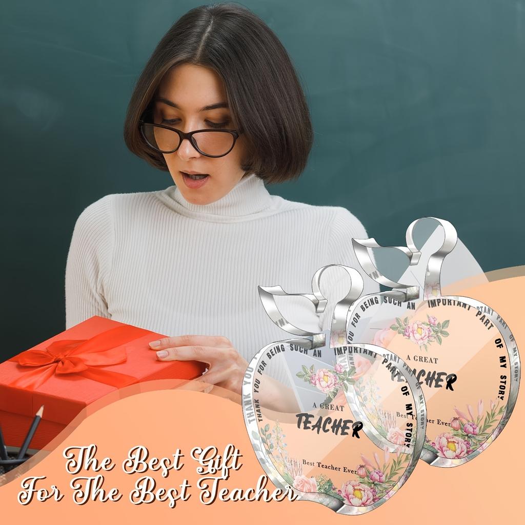 Best Teacher Ever Gift - Thank You Message, Elegant Floral Acrylic Desk Decoration with Hanging Loop - Teacher's Day, Birthday, Christmas