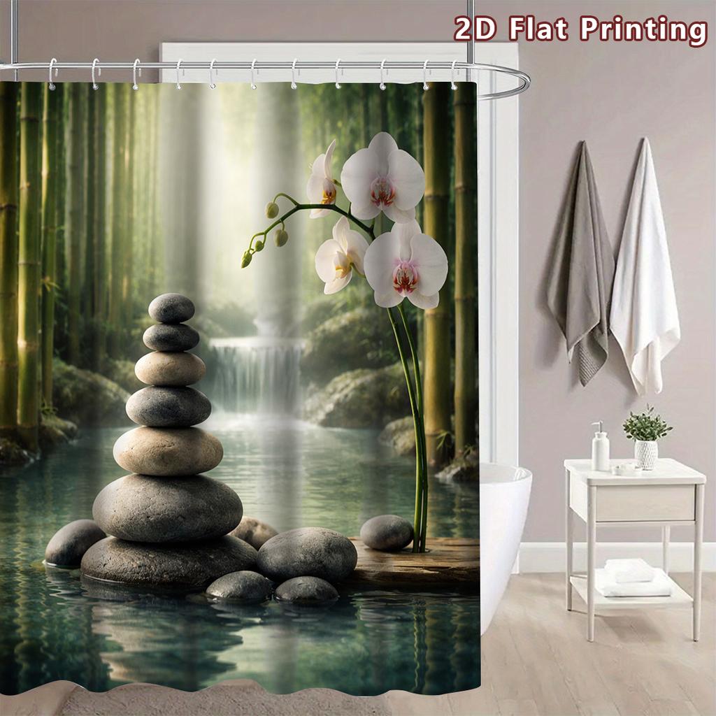 4Pcs 2D Flat Zen and Orchid Shower Curtain Set with Non-Slip Bath Mat, Toilet Lid Cover, Contour Rug & 12 Hooks, Bathroom Decor