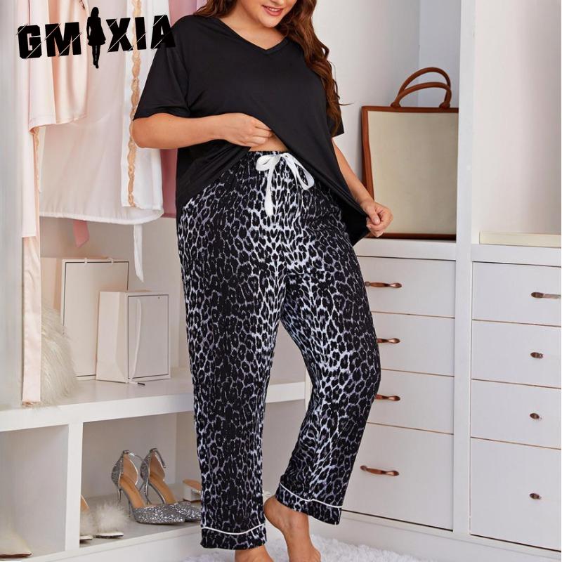 

GMXIA Пижама женская летняя больших размеров с леопардовым принтом, с короткими рукавами и брюками, домашняя одежда XXXXL чёрный
