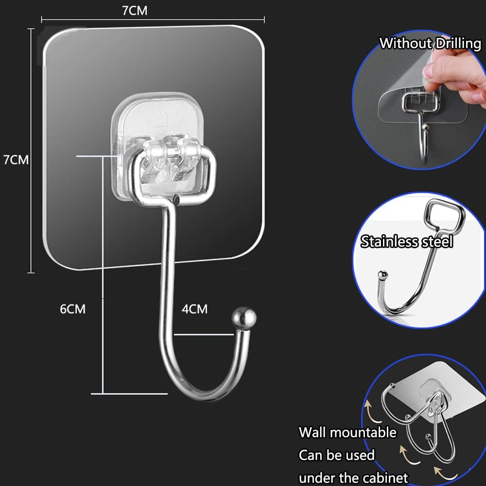 20 Pack Clear Adhesive Hooks No Drill Sticky Wall Hooks Stainless Steel Waterproof Self Adhesive Hangers Heavy Duty Up To 20KG for Bathroom Kitche
