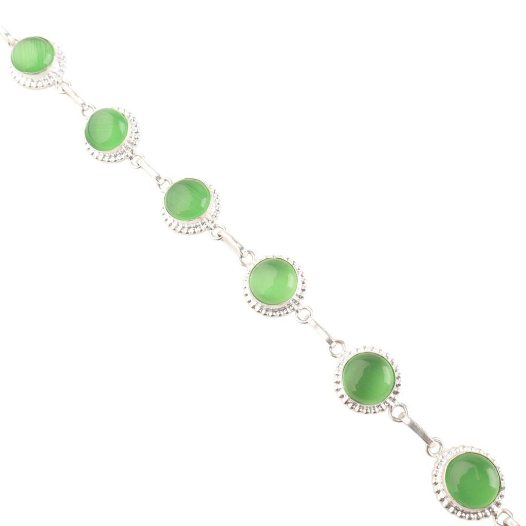 Natürlicher grüner Katzenaugen-Edelstein 925 Sterlingsilber Schmuck Handgefertigtes Armband RB-9-36