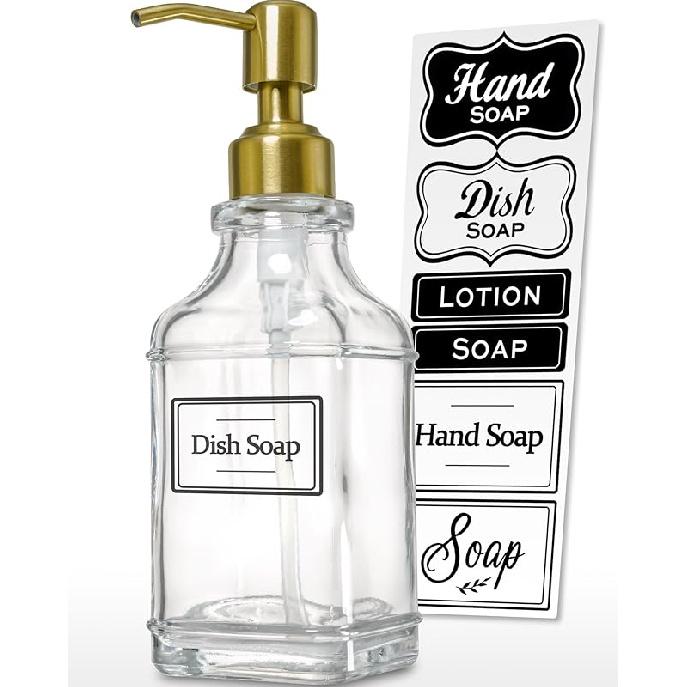 JASAI 2Pack Antique Design Glass Soap Dispenser with Rust Proof 304 Stainless Steel Pump, Refillable Hand Soap Dispenser with 10Pcs Stickers, Premium