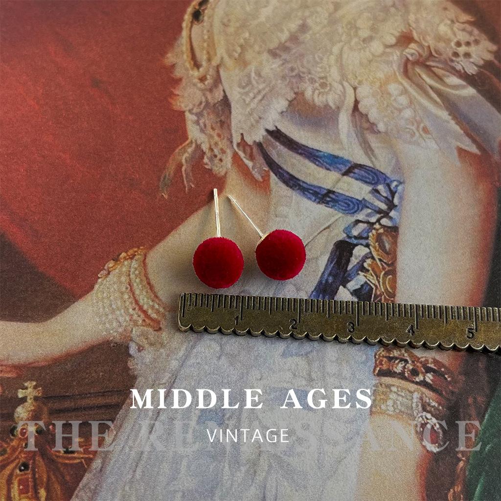 

Flocking burgundy ball stud earrings retro Hong Kong style literary earrings sweet white earrings