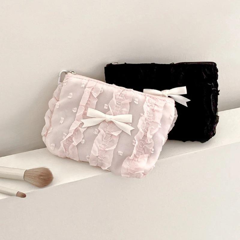 Cute Women Makeup Mini Bag Korean Lace Bow Portable Coin Purse Small Pouch Handbag Kawaii Female Cosmetic Storage Zipper Bag