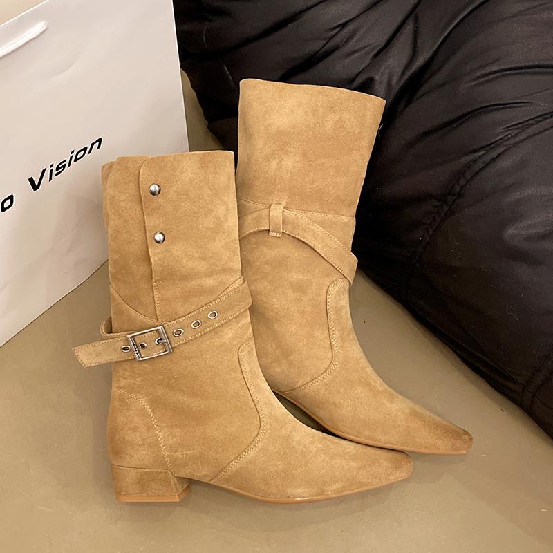 Fashion Mid Calf High Heels Women Boots Suede Shoes Chelsea Boots Winter 2025 Designer New Square Toe Shoes Fashion Pumps Mujer Botas