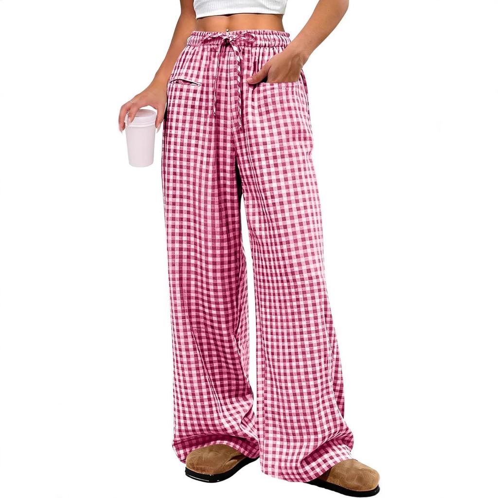 Women's High Rise Wide Leg Pants Loose Fit Trousers Plaid Drawstring Woven Spring Casual Long Pants For Daily Street Outfit